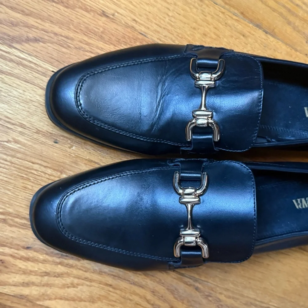 Zara Black Leather Slip on Loafers with Gold Horsebit Buckle Trim.